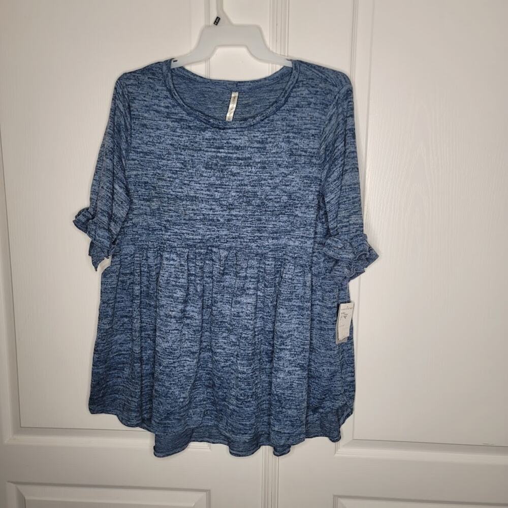 Forgotten Grace Size 2X Marled Blue Soft Blouse Peplum  Casual top 3/4 sleeve